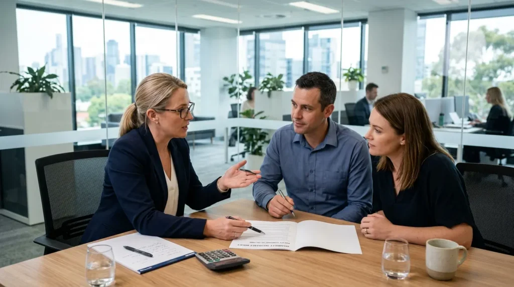 Why Income Protection Insurance Beats Savings Accounts for Disability Risk 1 Agent explaining insurance to couple
