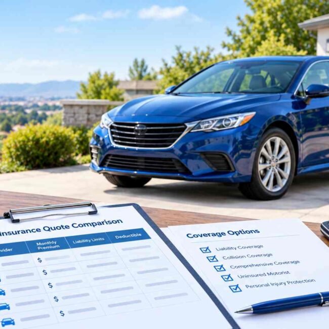 Driver comparing auto insurance coverage and quote documents beside a car.