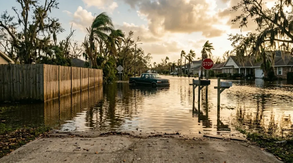 The Average Home Insurance Cost Just Hit a Record High, and Your Insurer Has Not Warned You Yet 2 Flooded suburban street with biggest house insurance cost increases