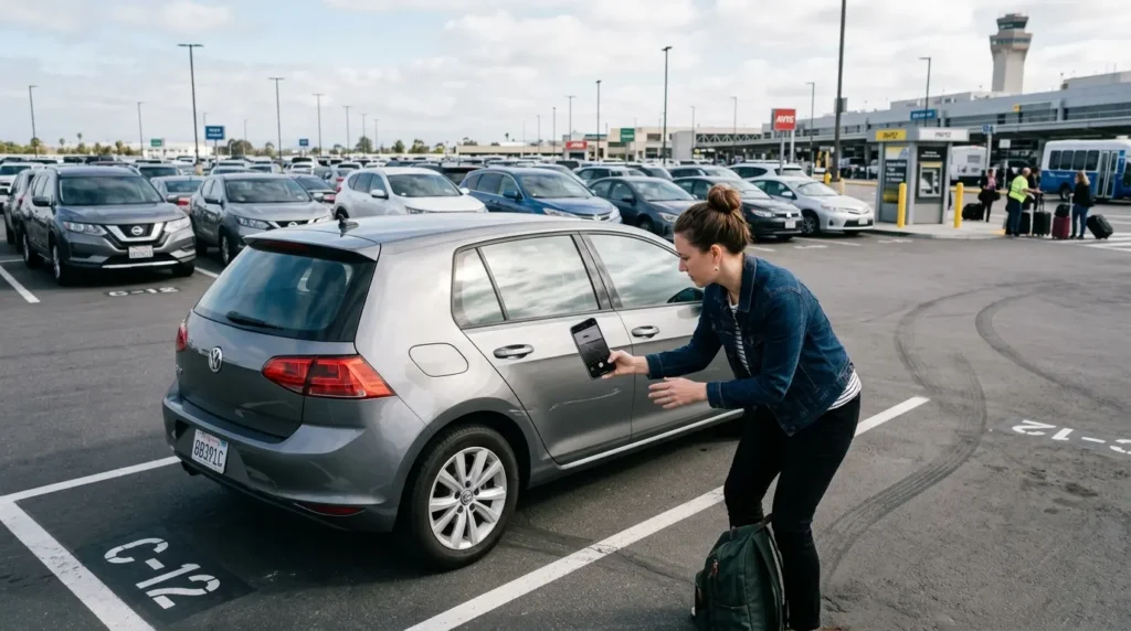 Inspecting Rental Car Before Driving Away
