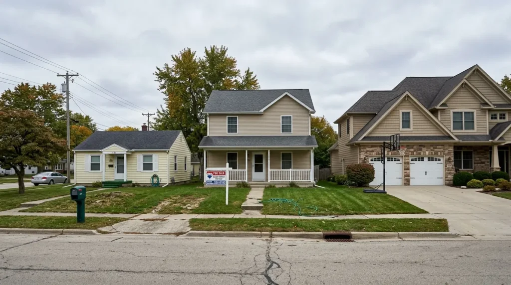 The Average Home Insurance Cost Just Hit a Record High, and Your Insurer Has Not Warned You Yet 3 Three houses on street home insurance cost compares