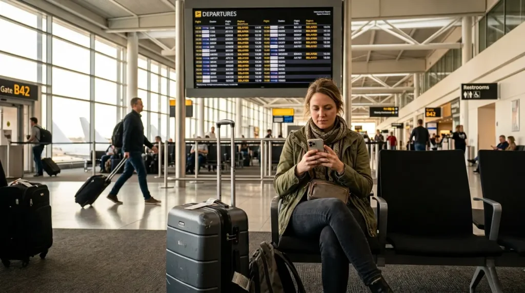 Traveler checking phone in airport for trip cancellation coverage
