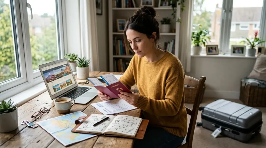 Traveler planning vacation at desk checking fine print