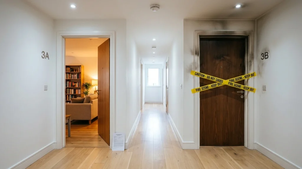 How a 4-Minute Renters Insurance Quote Saved One Tenant Over $23,000 3 Two apartment doors hallway