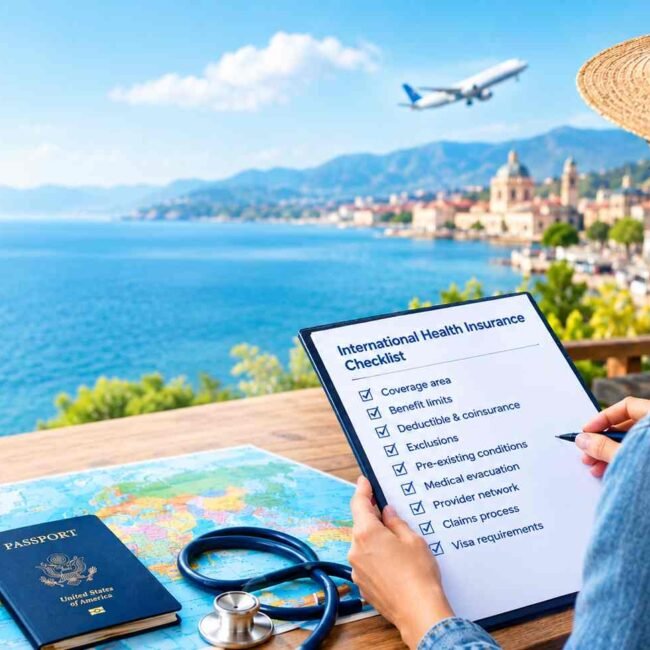 Traveler reviewing an international health insurance checklist alongside a world map and medical documents.