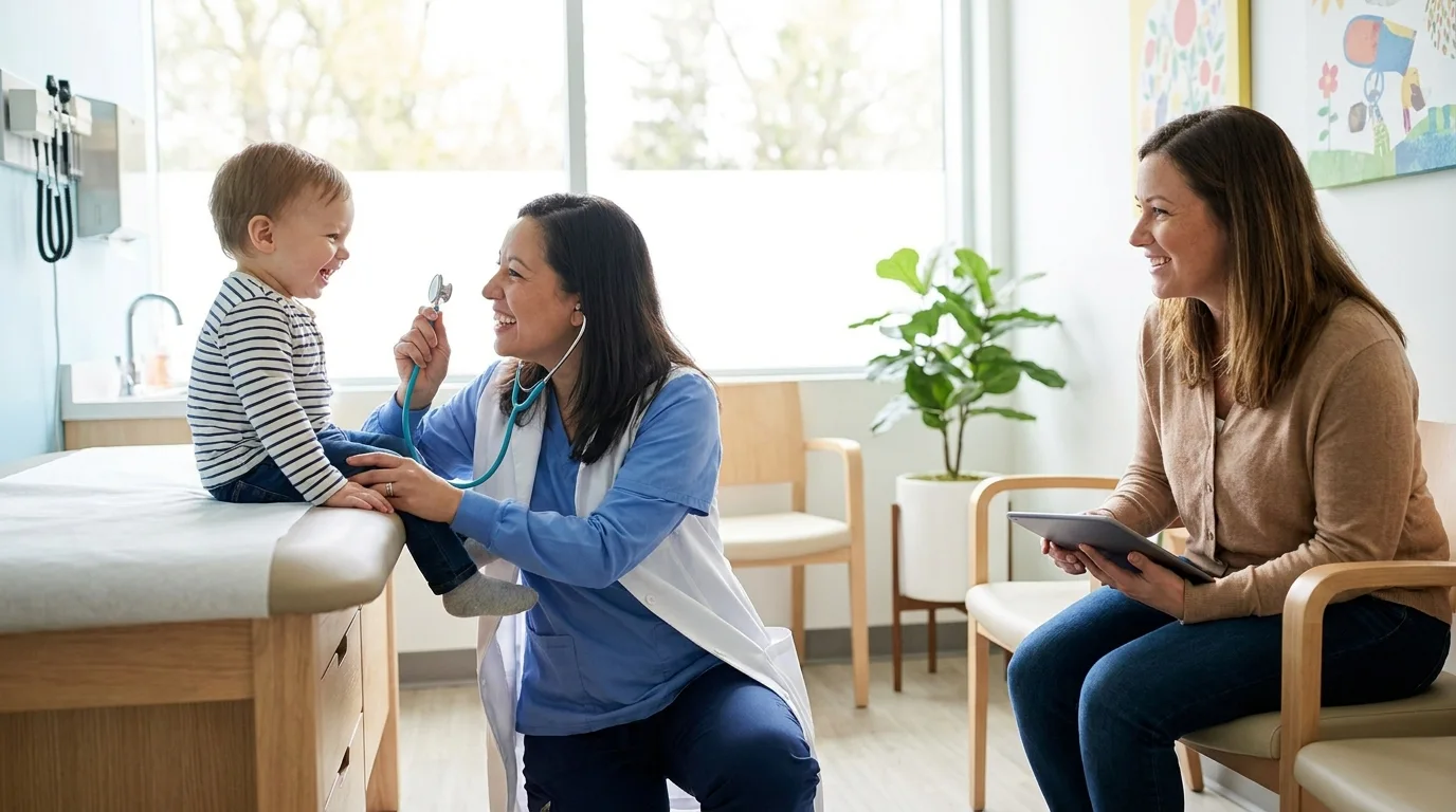 Pediatrician interacting with child Financial Protection Benefits Image