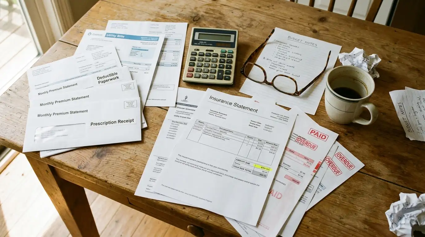 Wooden table with bills paperwork image | health insurance a waste of money