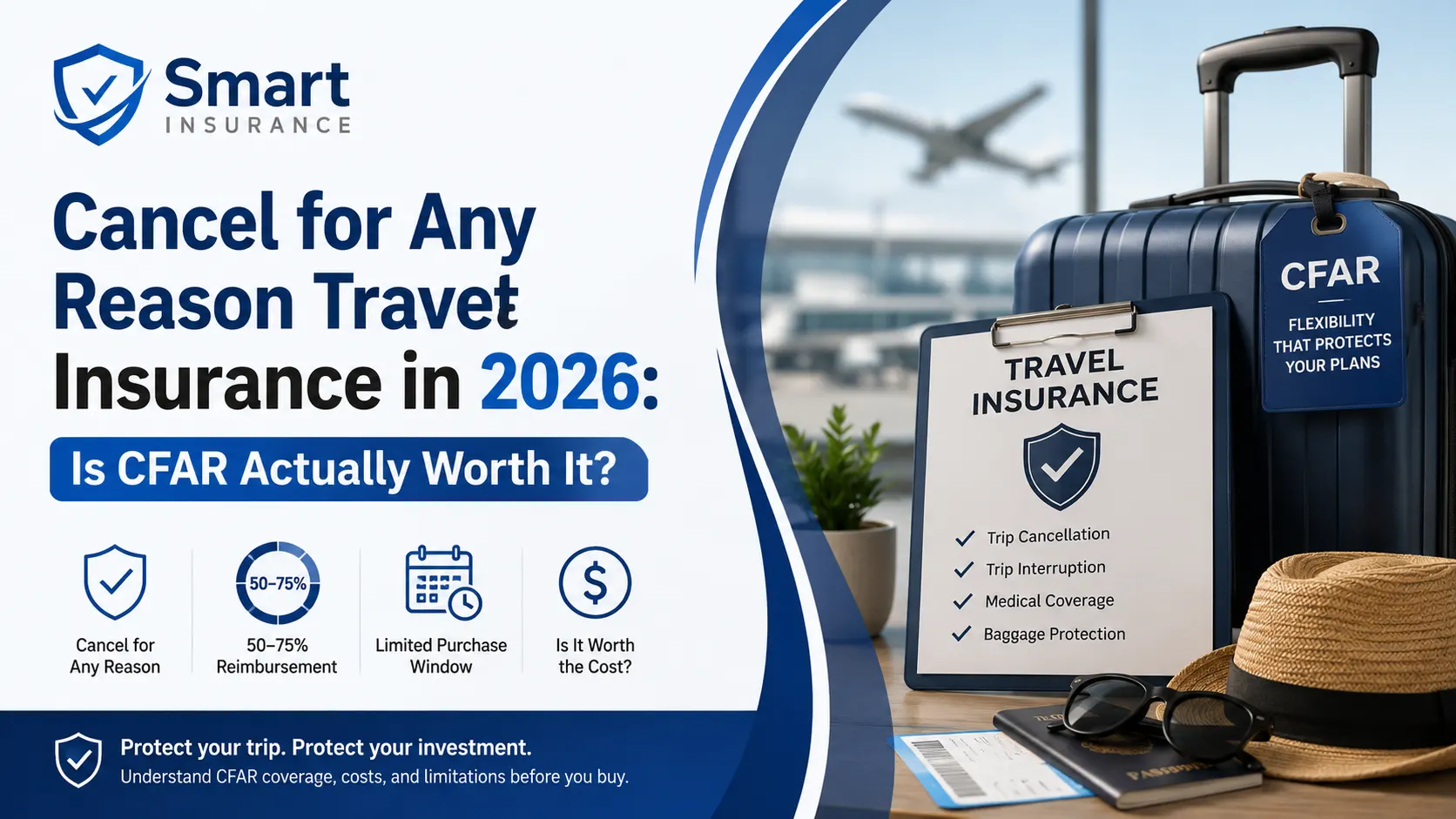 Cancel for any reason travel insurance explained with CFAR coverage, costs, reimbursement, and eligibility in 2026