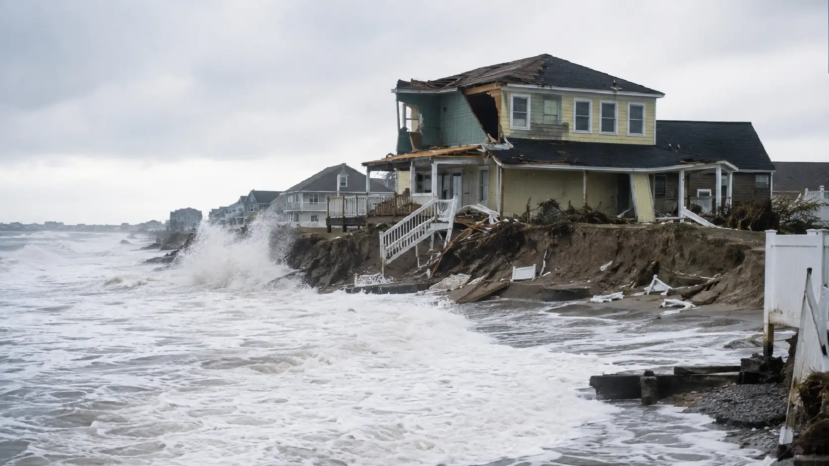 Homeowners Insurance Hurricane-damaged coastal home showing wind and storm surge damage