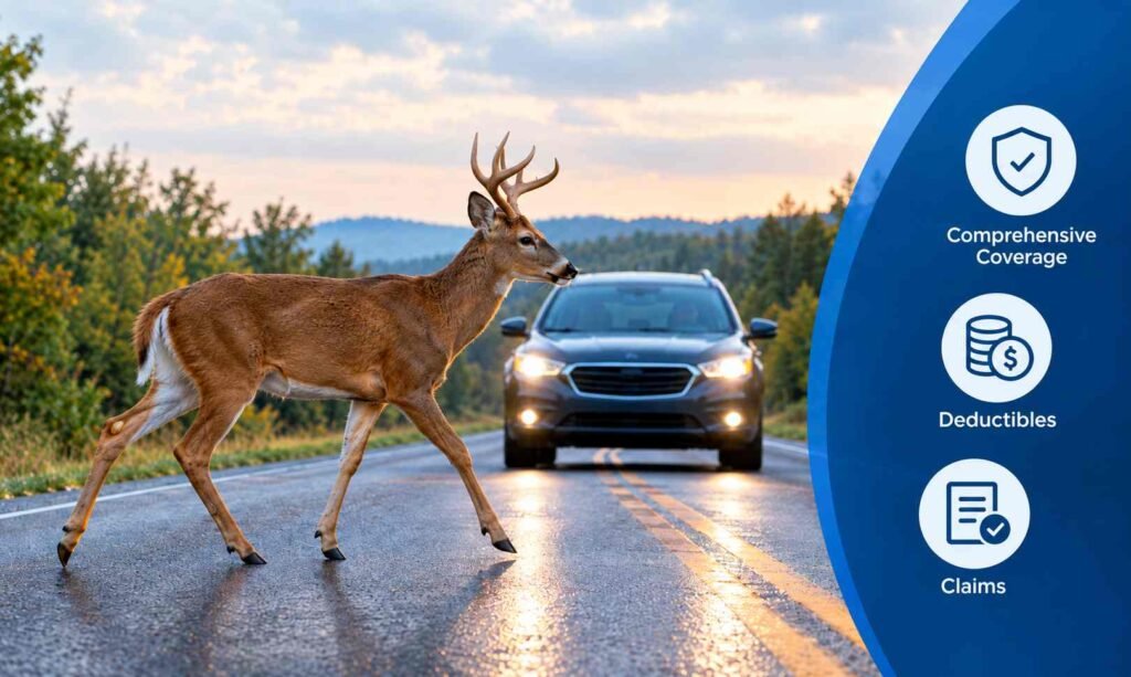 Does car insurance cover hitting a deer? Deer crossing the road in front of a car.