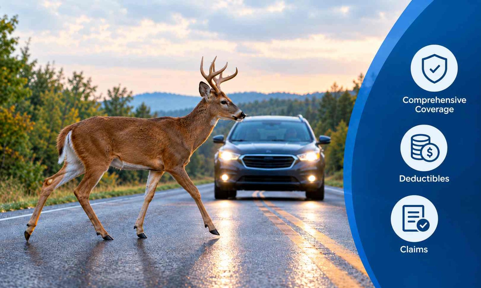 Does car insurance cover hitting a deer? Deer crossing the road in front of a car.