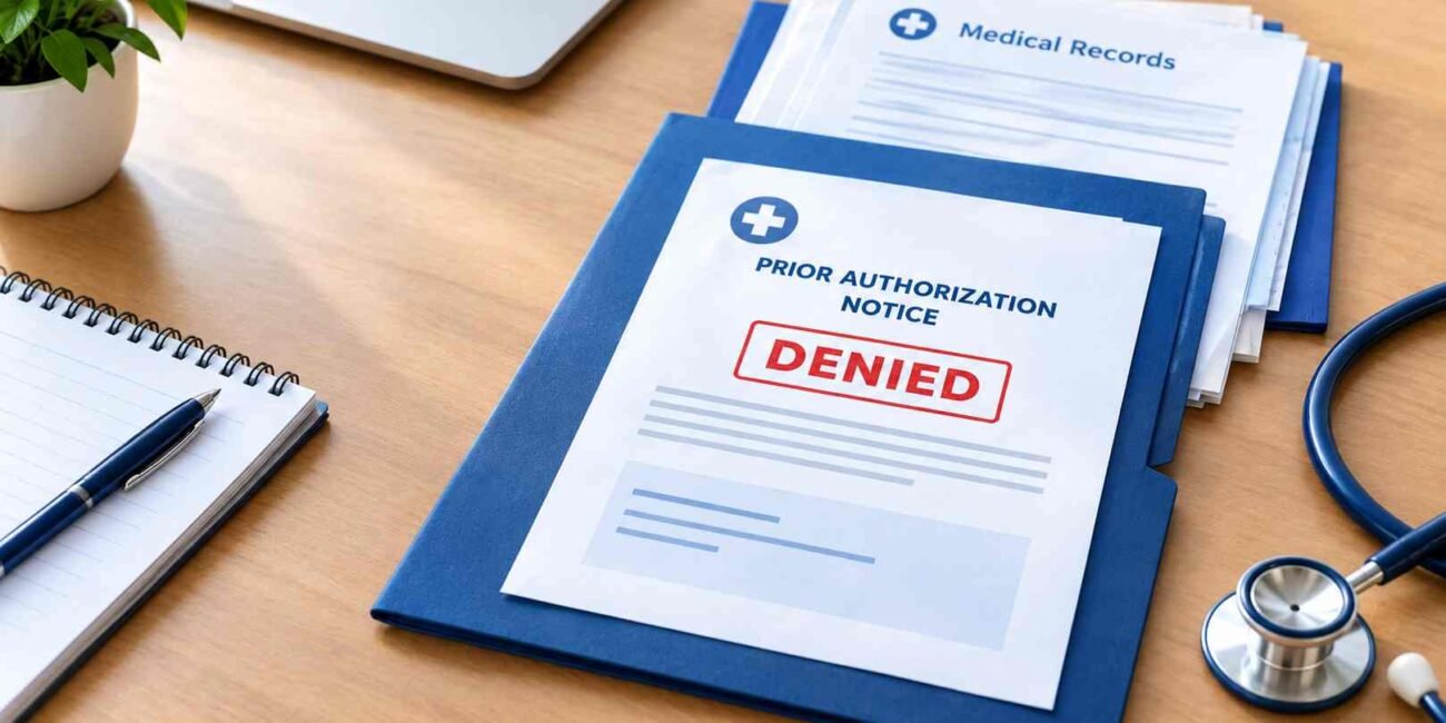 Medicare Advantage prior authorization paperwork and medical records on a desk