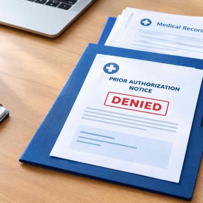 Medicare Advantage prior authorization paperwork and medical records on a desk