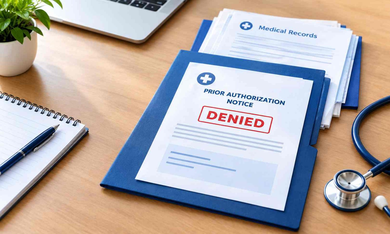 Medicare Advantage prior authorization paperwork and medical records on a desk
