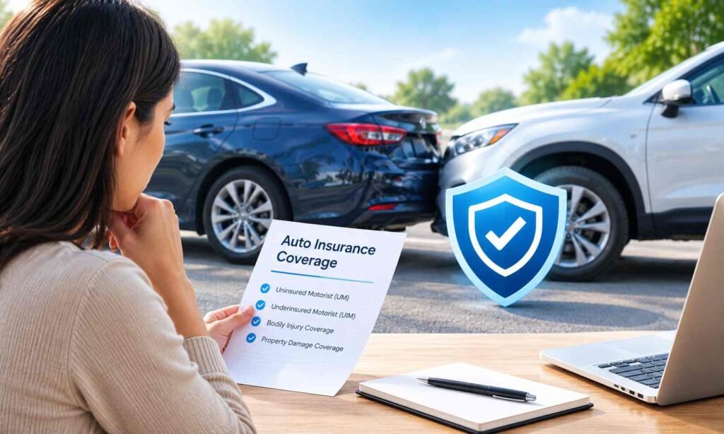 Uninsured and underinsured motorist coverage guide for drivers reviewing auto insurance protection.