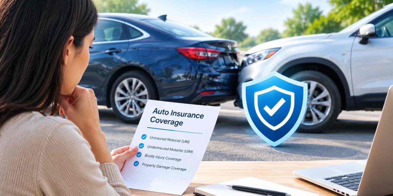 Uninsured and underinsured motorist coverage guide for drivers reviewing auto insurance protection.