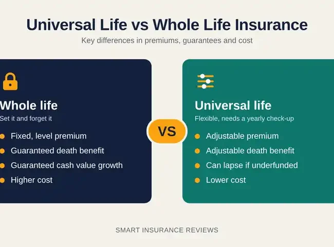 Comparison graphic of whole life vs universal life insurance: fixed premium and guarantees against adjustable premium and lower cost