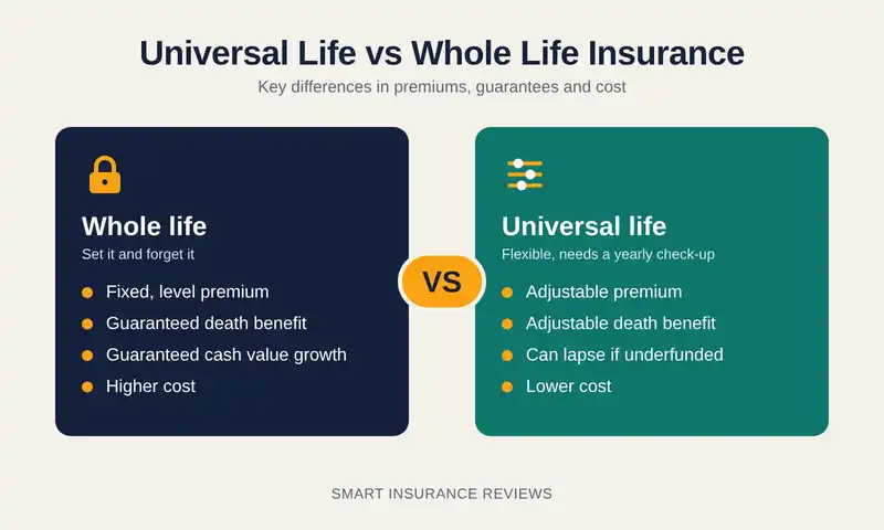 Comparison graphic of whole life vs universal life insurance: fixed premium and guarantees against adjustable premium and lower cost